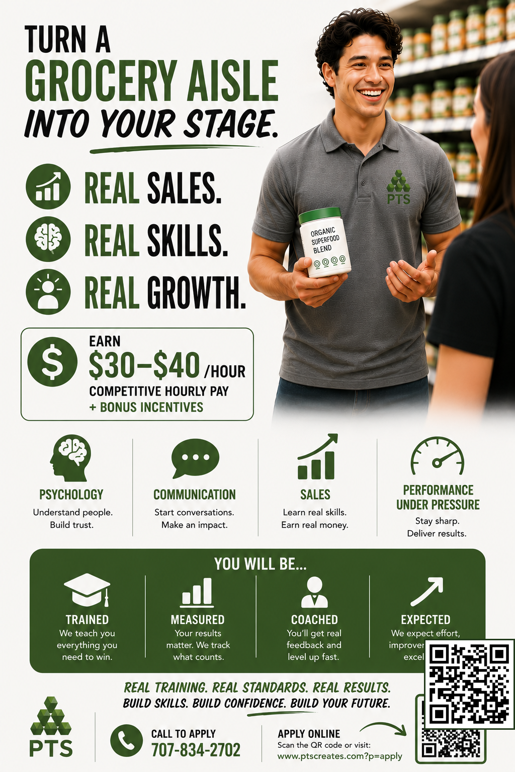 PTS hiring poster showing pay range, benefits, and QR-based online application